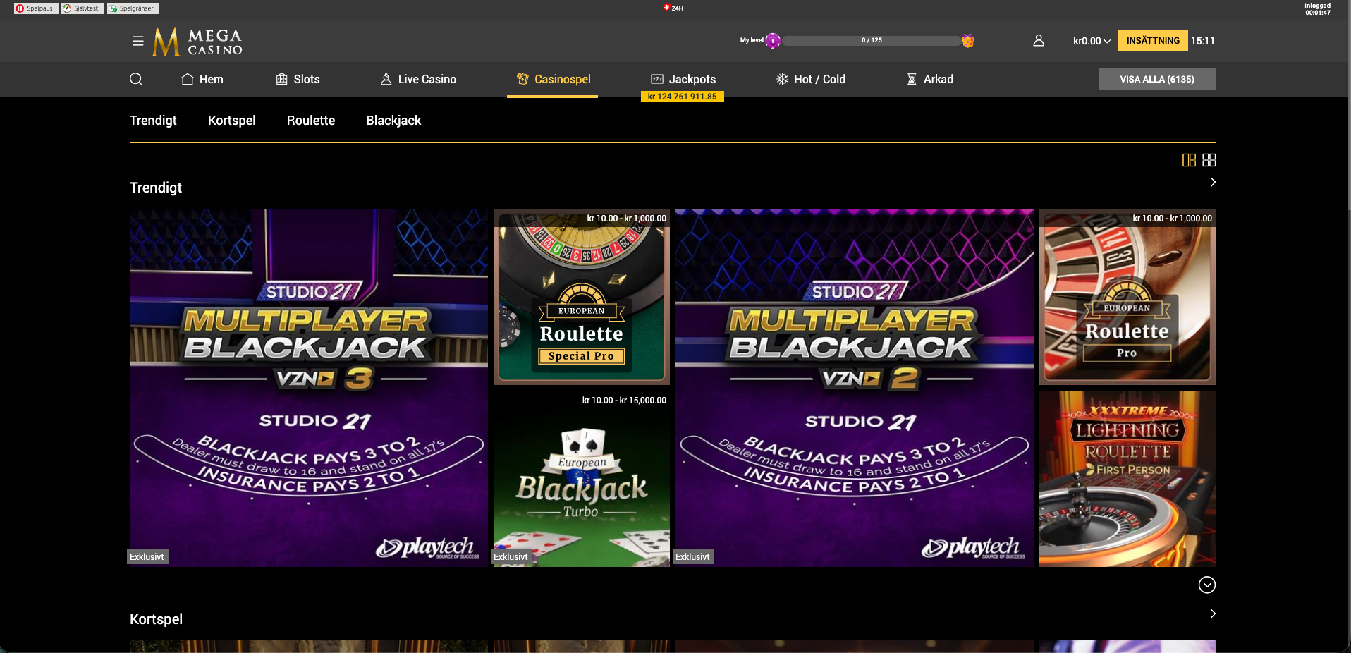 Mega Casino online casino med blackjack och roulette för svenska spelare