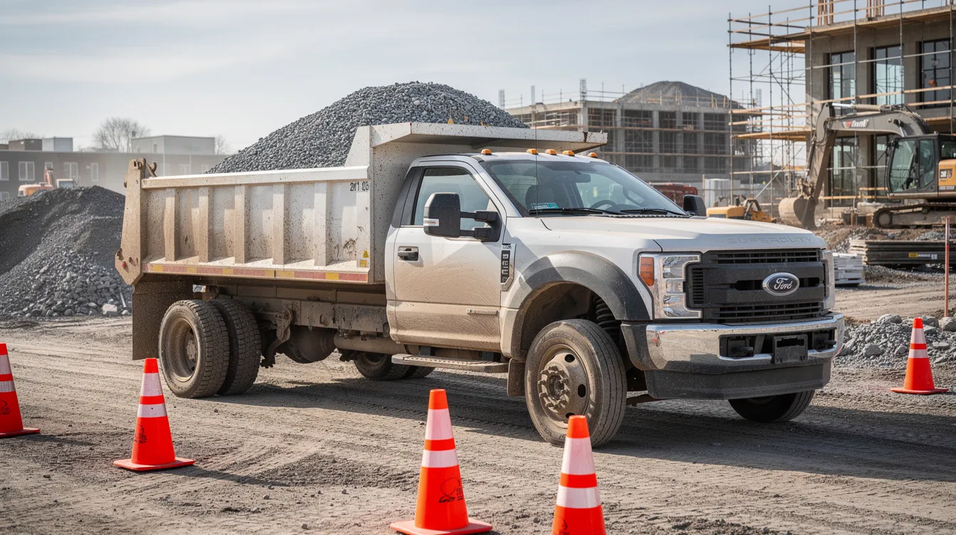 A white Ford F-550 dump truck is parked at a construction site, filled with gravel and surrounded by orange safety cones, indicating an active work area. The truck's robust design highlights its utility for heavy-duty tasks, making it a popular choice among construction professionals.