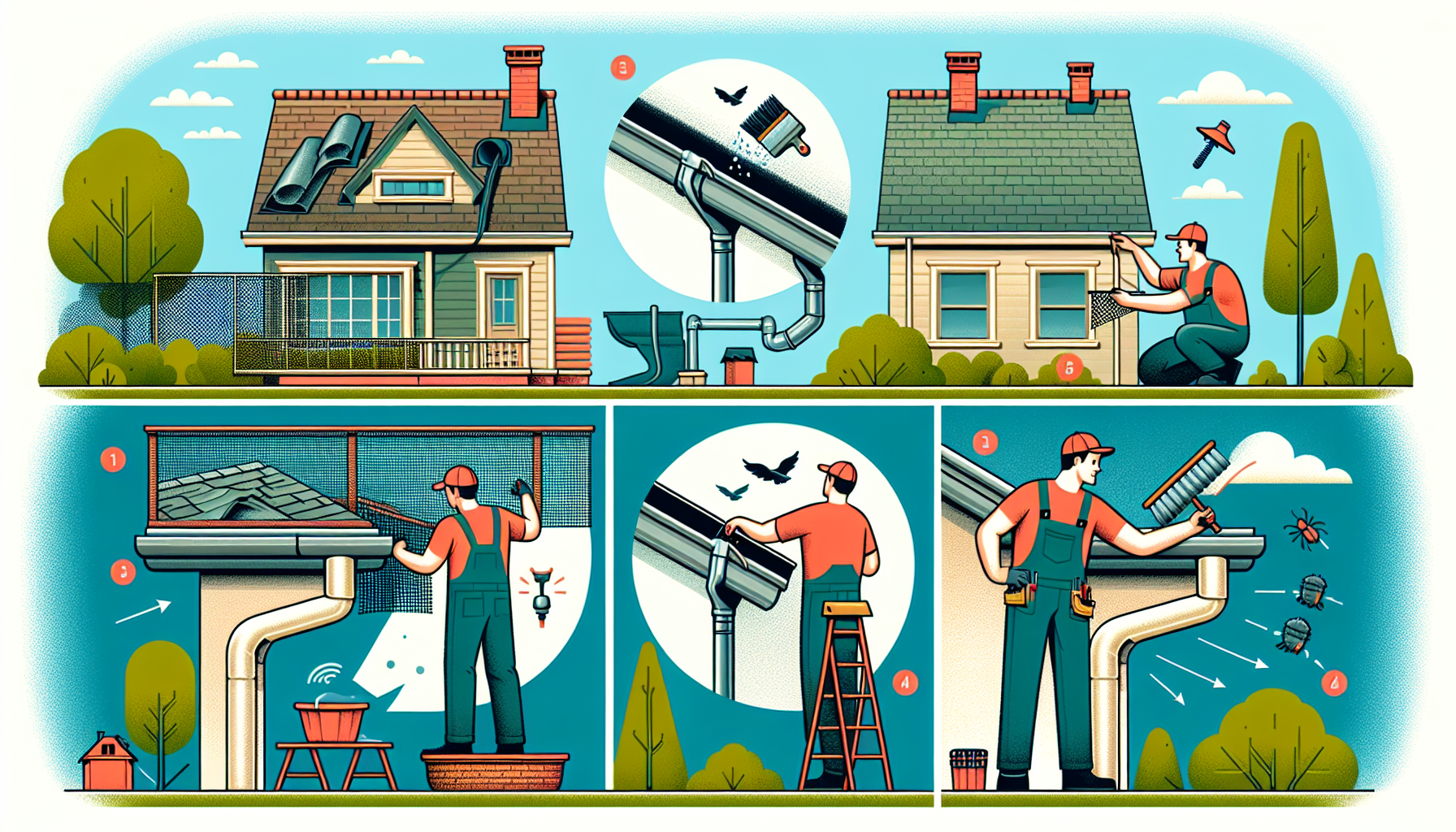 Illustration of gutter protection measures with different types of guards