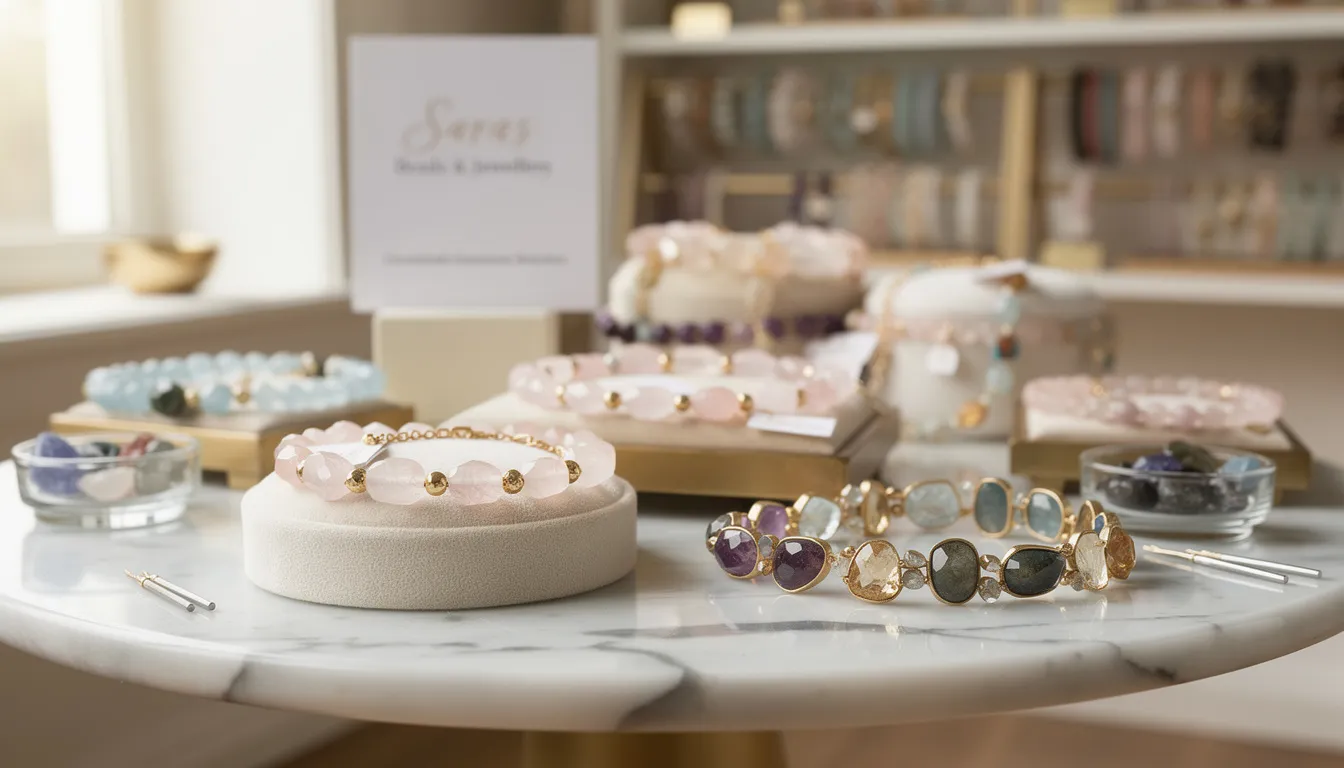 The image showcases a stunning collection of gemstone bracelets featuring a variety of semi-precious stones such as rose quartz and lapis lazuli, elegantly displayed to highlight their unique colours and craftsmanship. These bracelets serve as perfect accessories for both casual and formal occasions, allowing individuals to express their personal style.