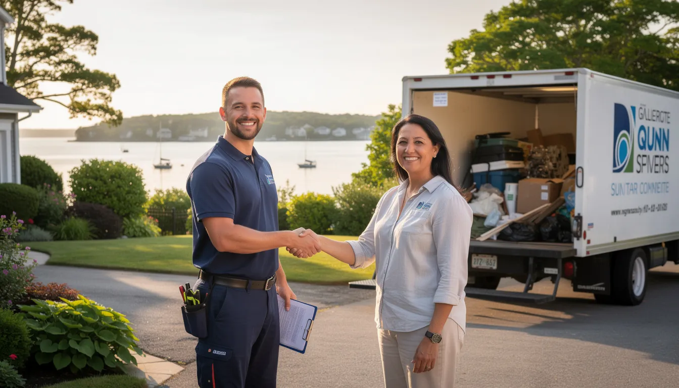 A junk removal service person is shaking hands with a satisfied client against a backdrop of Connecticut's scenic shorelines, with a junk truck nearby. The professional team is dedicated to providing stress-free junk removal services, ensuring responsible disposal practices for unwanted items.
