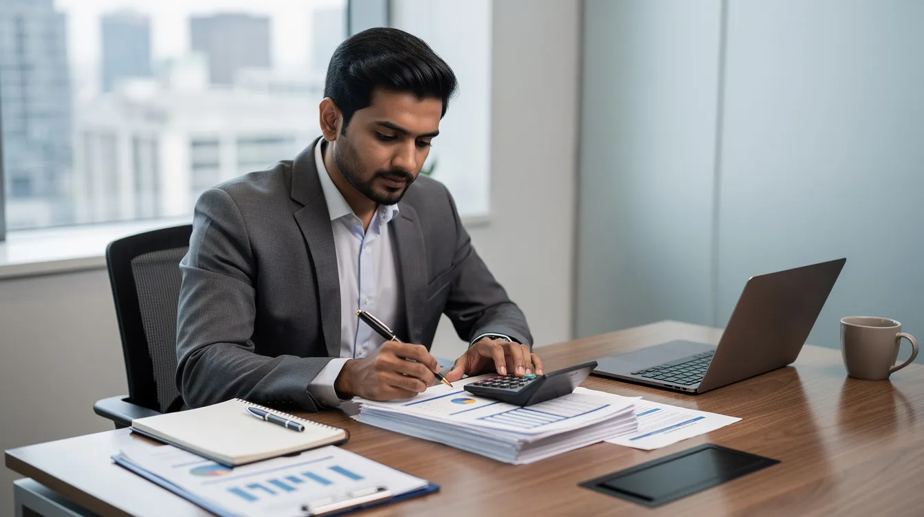0d4b7f80 3e20 480a a916 2ded51cf6125 An Indian entrepreneur is seated at a desk, intently reviewing financial documents while using a calculator. The scene captures the essence of financial planning, highlighting important aspects such as project cost and revenue expenses incurred till date, essential for raising debt capital and ensuring a satisfactory credit track record.