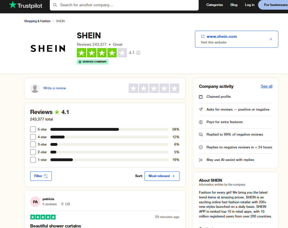 shein truspilot reviews