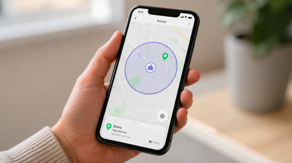 Parent's phone showing geofence safe zone alert around child's school on GPS tracking app
