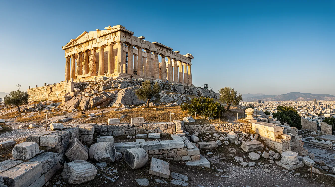 A imagem mostra a Acrópole de Atenas, um monumento histórico da Grécia, com destaque para o Templo de Partenon, que se ergue majestoso sobre a cidade. Ao fundo, é possível ver o céu azul e algumas casas típicas da região, representando a rica cultura e história grega.