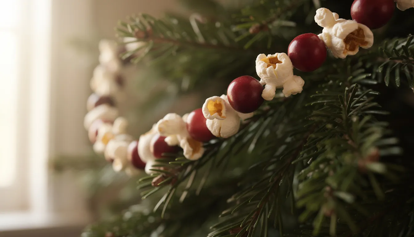 A beautifully decorated Christmas tree features a traditional garland made of popcorn and cranberries, draped elegantly over its evergreen branches, illuminated by soft natural lighting. This eco-friendly holiday decor showcases the charm of sustainable materials, perfect for celebrating the holiday season with a personal touch.