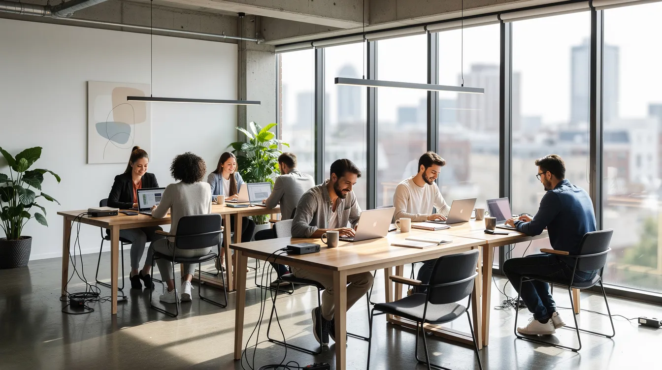 A modern coworking space features entrepreneurs collaborating at shared desks under large windows, creating an atmosphere of innovation and community. This vibrant environment fosters networking opportunities and personal development, essential for those involved in the Phoenix chapter of the entrepreneurs organization.