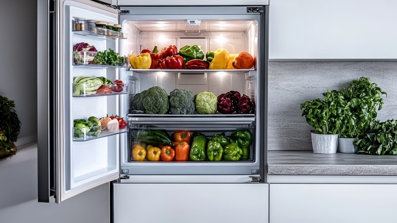 Refrigerator interior brightly lit with visible E14 bulb