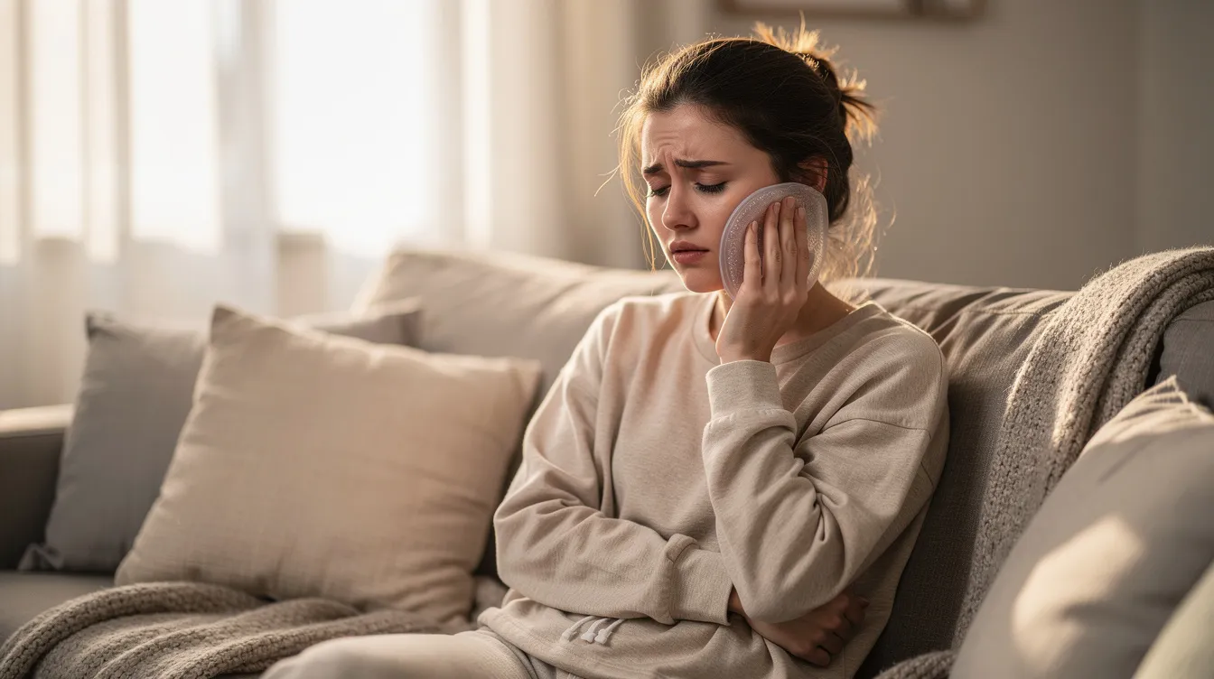 A woman is relaxing at home, gently holding a cold compress against her cheek, likely to soothe her skin after a cheek filler procedure. She appears calm and content, possibly enjoying the benefits of enhanced facial contours and a youthful shape.