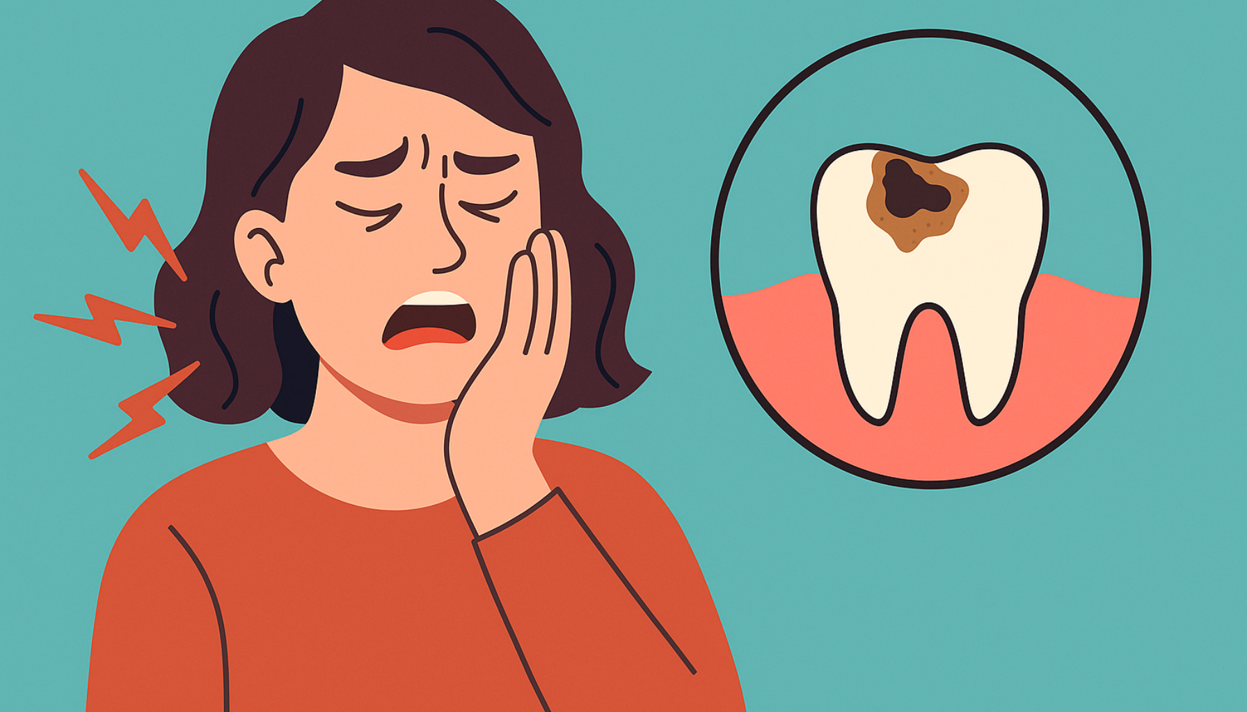 Råtten tann: Tegn, årsaker og når det haster med behandling 11 Illustrasjon av person med tannverk og nærbilde av råtten tann med tydelig hull og misfarging.