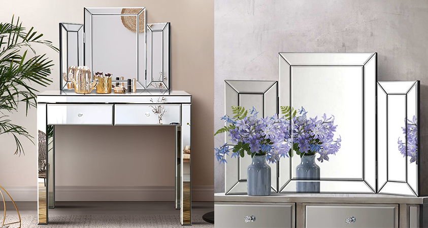 An Artiss high-gloss mirrored vanity set set in two bedrooms, one holding gold makeup accessories and the other holding a vase of blue flowers.