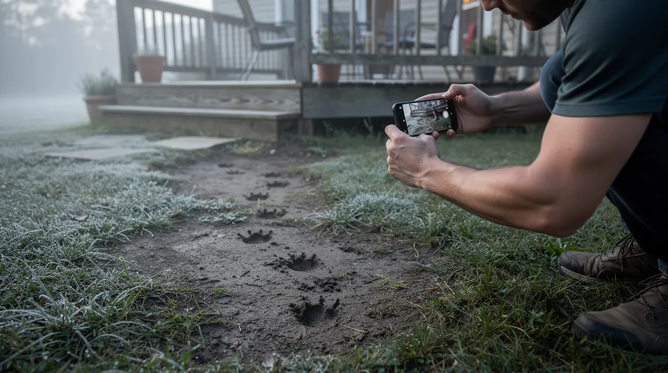A homeowner is capturing a photo of opossum tracks near a backyard deck with a smartphone, highlighting the presence of wildlife in residential areas. This image emphasizes the importance of wildlife removal services to address potential issues with wild animals like opossums.