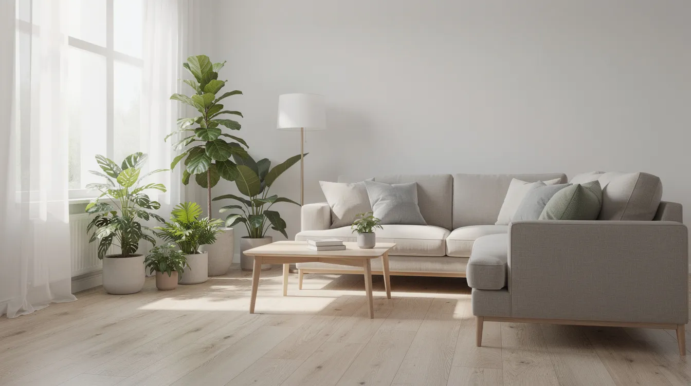 Ett ljust skandinaviskt vardagsrum med ljust trägolv och en neutral soffa, omgiven av gröna växter vid fönstret som ger en inspirerande och mysig känsla. Rummet utstrålar stil och värme, perfekt för inredningstips och idéer för att skapa ett inbjudande hem.