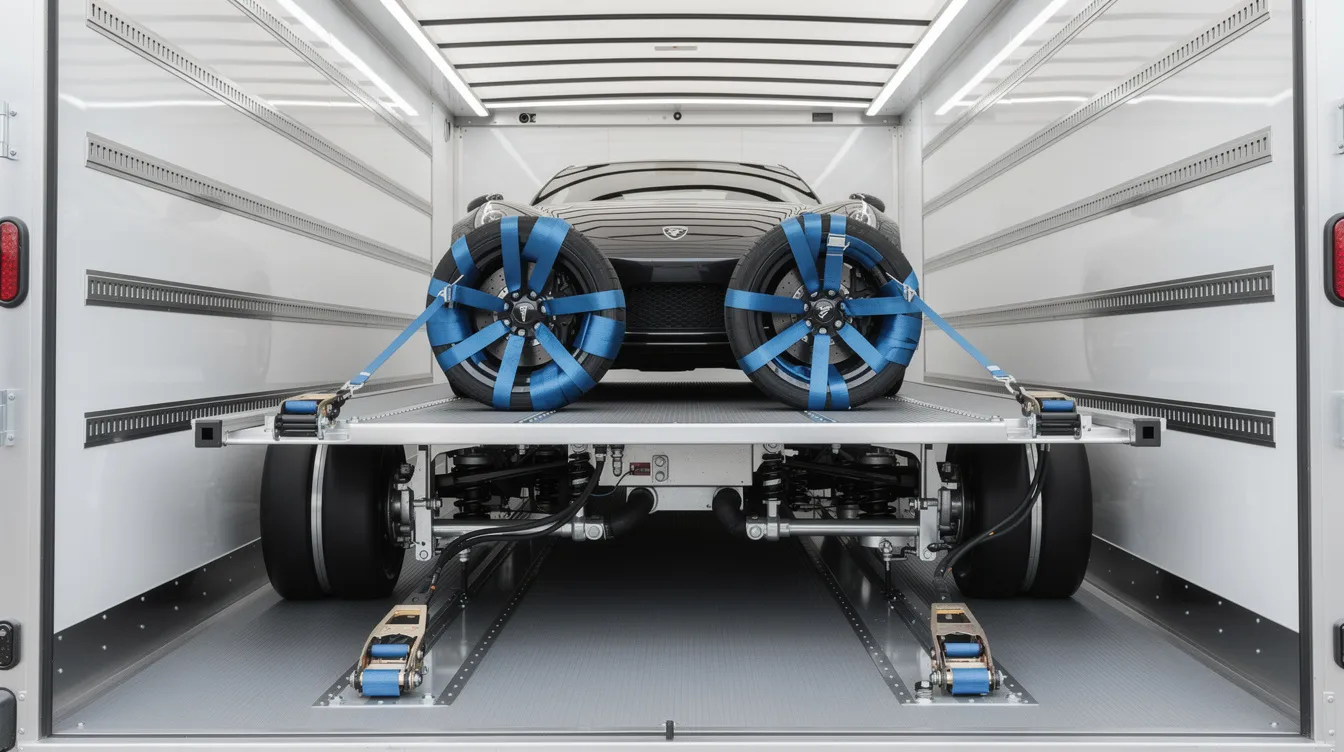 The image depicts the interior of an enclosed trailer designed for luxury auto transport, showcasing an air-ride suspension system and a soft tie-down setup to ensure maximum protection for high-value vehicles during transit. This setup highlights the attention to detail and care provided by exotic car transport services, ensuring that every vehicle remains in pristine condition throughout the journey.