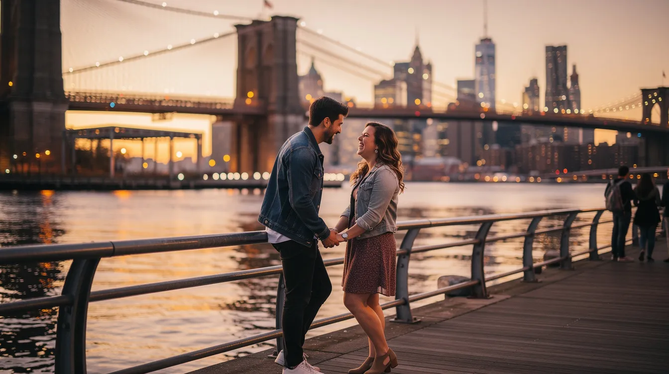 A couple sits at a cozy coffee shop near the Brooklyn Bridge, enjoying their first date amidst the vibrant NYC dating scene. They share laughter and conversation, embodying the hope for a meaningful connection in the bustling city filled with endless opportunities for love.