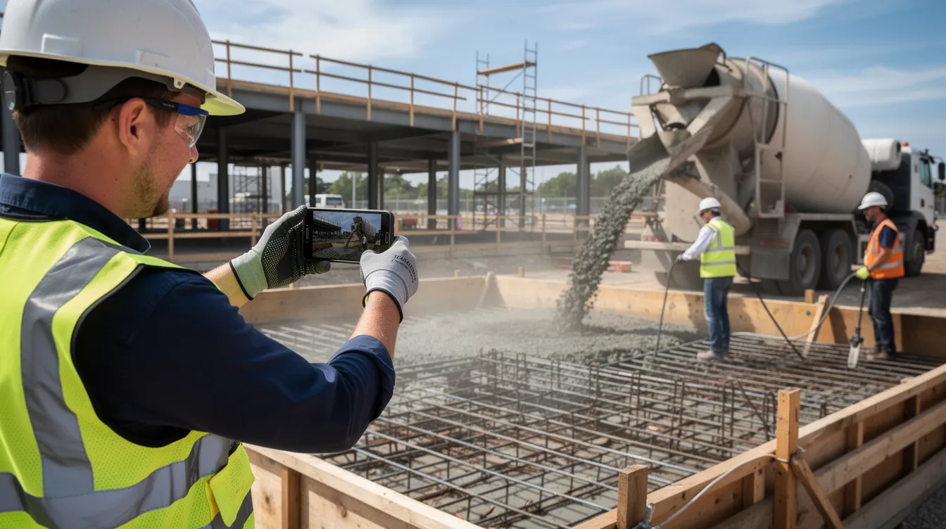 A construction worker uses a smartphone to document a concrete pour on a commercial jobsite.