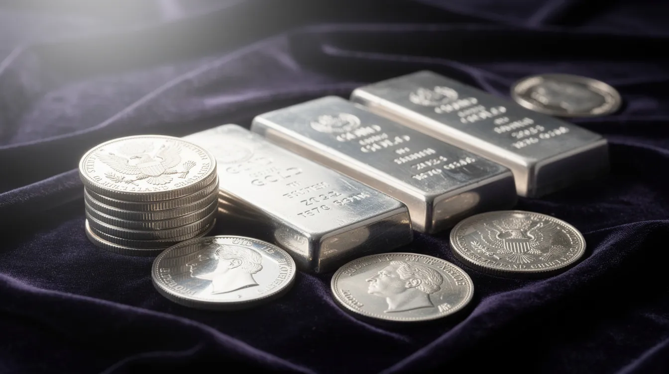 Sovereign silver coins and generic silver bars on dark velvet