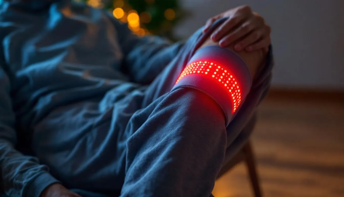 A person is comfortably seated while using a wrap-around red light therapy device on their knee, aimed at providing pain relief and reducing inflammation associated with knee pain. The device emits infrared light, which penetrates deeper to promote joint health and enhance the recovery process.