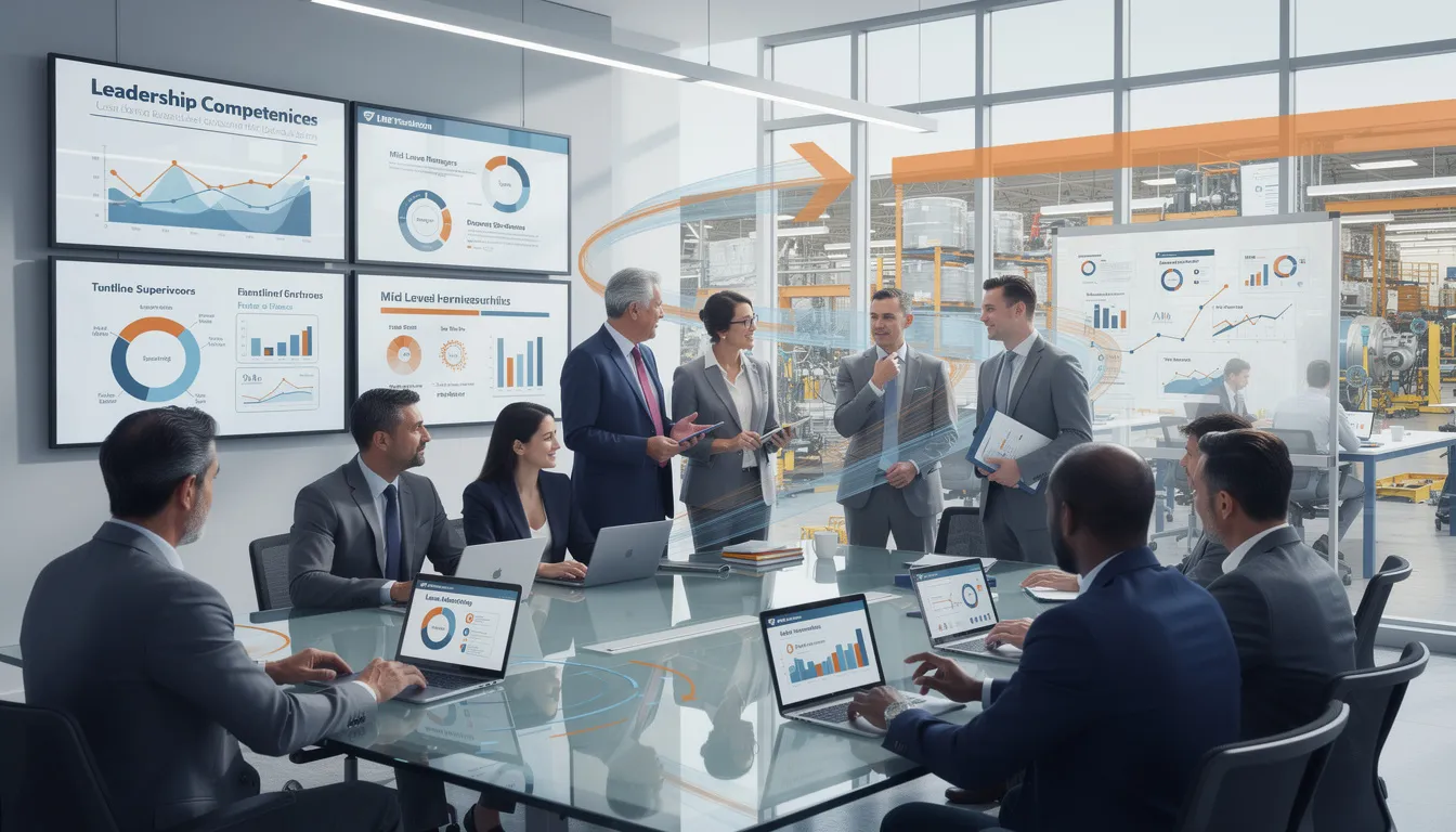 The image depicts a diverse group of leaders engaged in a collaborative workshop focused on leadership development. They are participating in a virtual learning session, discussing strategies to enhance their leadership skills and foster continuous learning within their teams to drive business success.