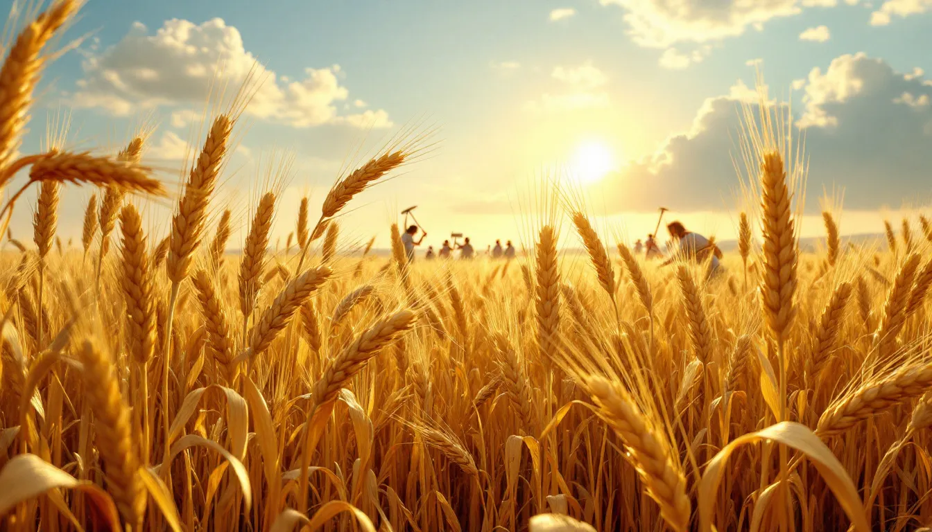 The image depicts a vibrant biblical scene illustrating God's provision, with lush fields overflowing with a bountiful harvest, symbolizing abundant prosperity and financial blessings. This visual representation reflects the glory in Christ Jesus and the Lord Almighty's promise of wealth without painful toil, showcasing the divine intervention of the Heavenly Father in our lives.