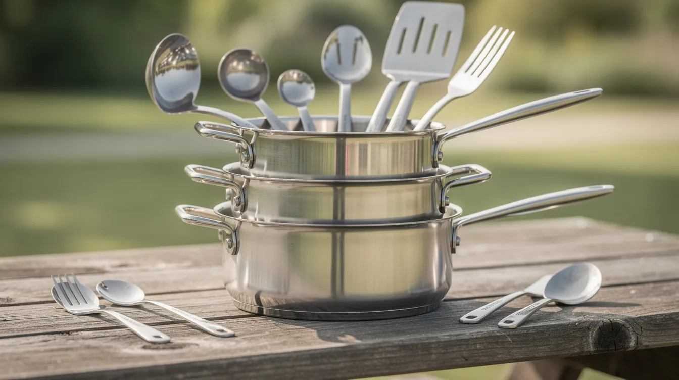 The image features a nested stainless steel cookware set, including a fry pan, pots, cups, and utensils arranged neatly on a wooden picnic table, ideal for car camping and outdoor cooking. This camping cookware set is perfect for preparing meals during a camping trip, showcasing its compact design and practicality for outdoor enthusiasts.