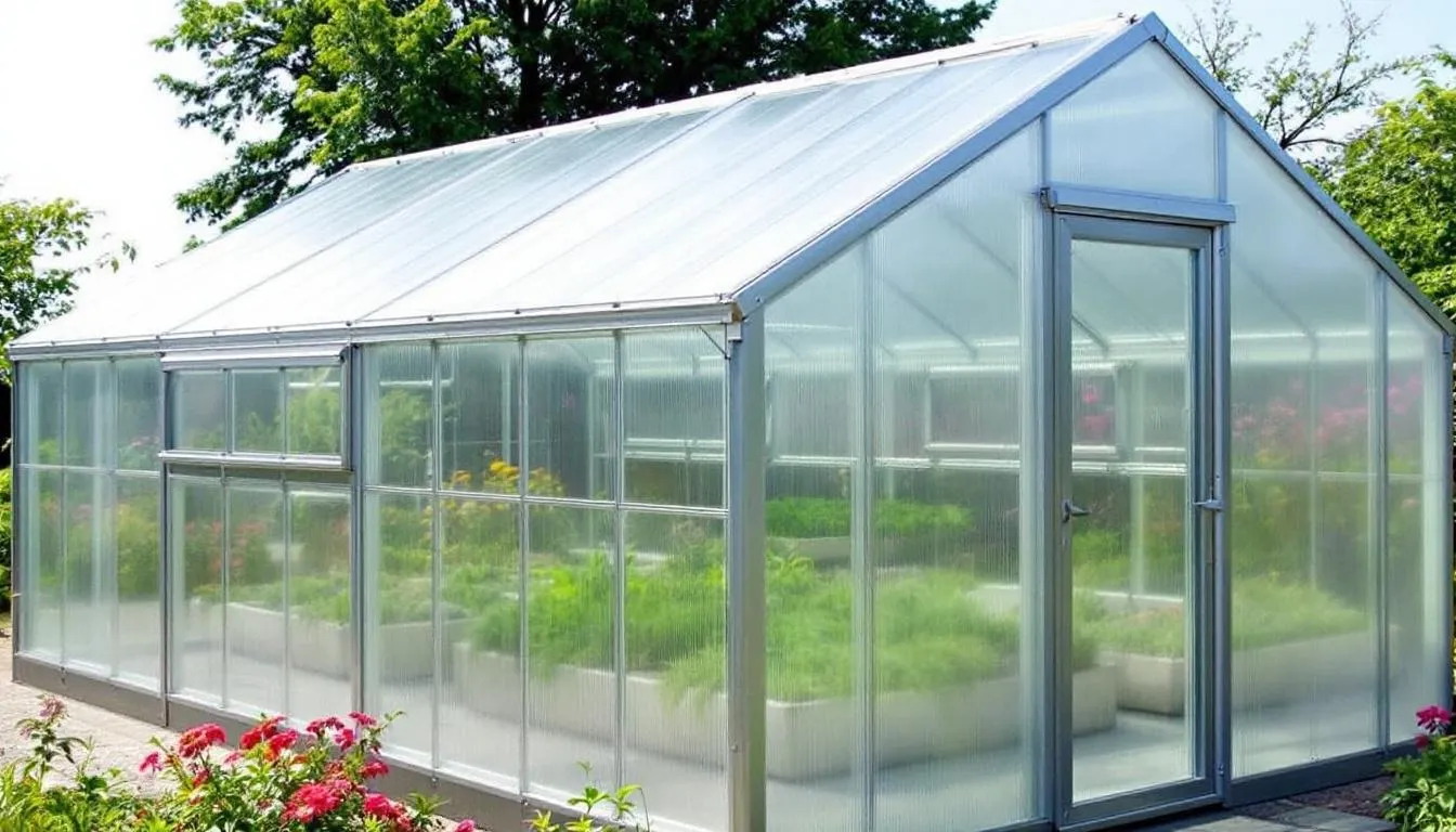 Das Bild zeigt ein modernes Polycarbonat-Gewächshaus mit Doppelstegplatten, ideal für den Anbau von Tomatenpflanzen. Es hat eine robuste Aluminiumstruktur und bietet durch seine spezielle Bauweise optimalen Schutz und Belüftung für Pflanzen im Garten oder auf dem Balkon.