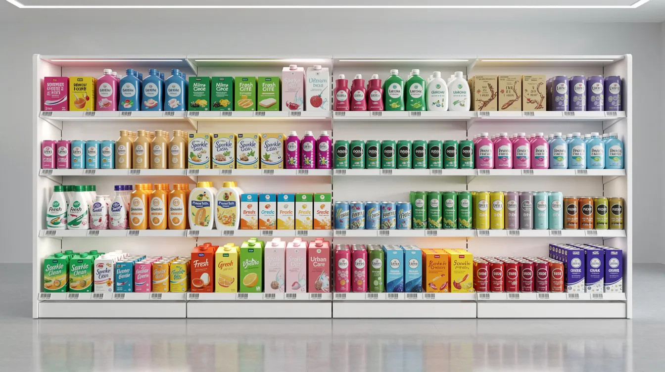 The image showcases a diverse range of branded products neatly arranged on shelves in a modern retail setting, highlighting various private label items that emphasize brand identity and customer loyalty. This display reflects the potential of private label dropshipping businesses to offer high-quality products with unique branding and custom packaging options.