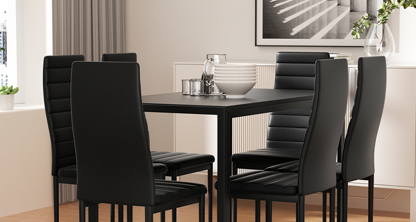 The Artiss 7-piece Astra dining set is the perfect contemporary piece for your home, with its elegant and durable tempered glass tabletop and timeless black PU-leather dining chairs.