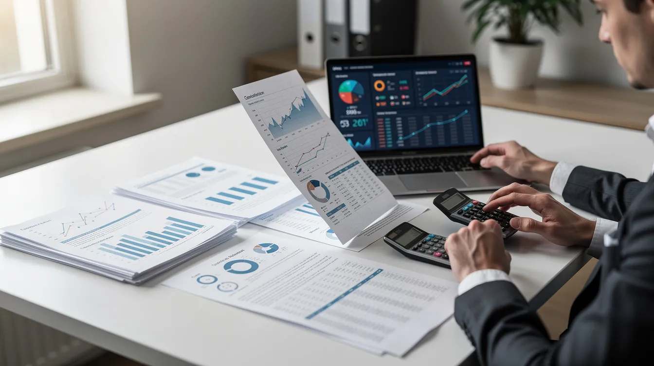 A person is sitting at a desk, intently reviewing financial documents alongside a calculator and a laptop, possibly assessing options for an individual voluntary arrangement (IVA) to manage their debts. The scene conveys a sense of focus and determination in handling financial responsibilities.