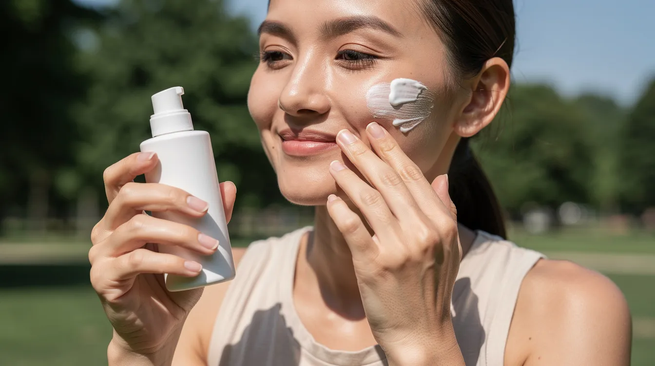 A person is outdoors applying sunscreen to their face and neck area, ensuring sun protection to maintain skin quality and prevent damage from sun exposure. This act is essential for optimal healing and supports the skin's recovery process, especially after treatments like endolift that stimulate collagen production.