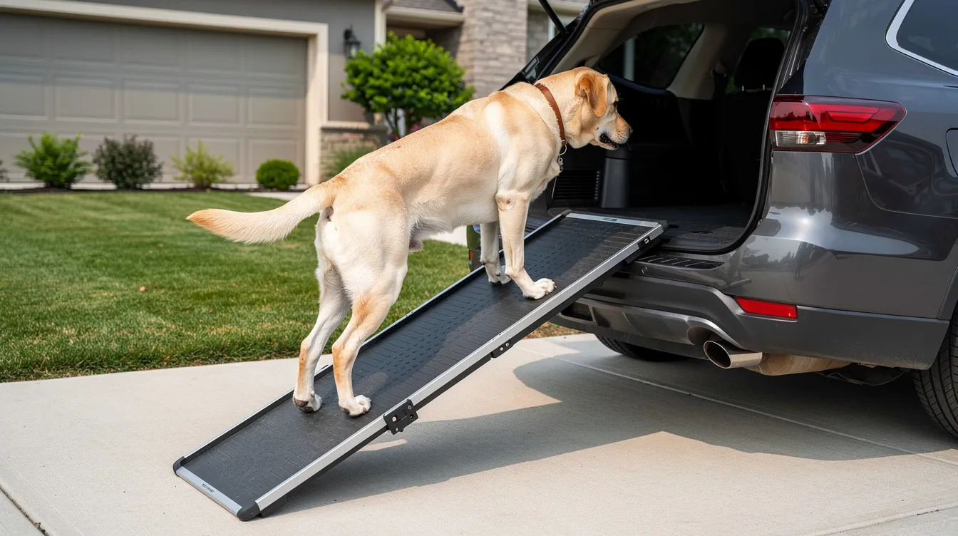 A large Labrador is walking up a portable ramp into the back of an SUV in a suburban driveway, showcasing how dog ramps provide easier access for larger dogs and help protect their joints from jumping. This gradual incline is especially beneficial for senior dogs or those with mobility issues, ensuring their safety and comfort.