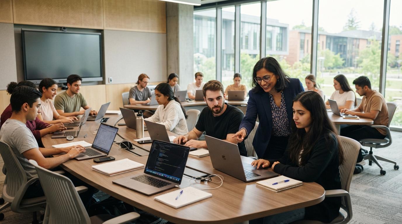 Photorealistic university students working on laptops in a modern digital classroom with a professor providing guidance, seamless academic technology environment, natural lighting.