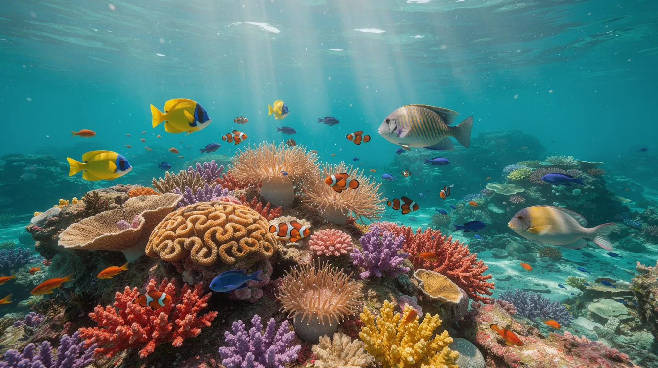 A imagem apresenta uma cena subaquática vibrante, com recifes de coral coloridos e peixes tropicais nadando em águas cristalinas do Caribe, destacando a rica vida marinha que pode ser explorada em destinos como Curaçao. Este ambiente aquático é um verdadeiro paraíso para os amantes de mergulho e snorkel.
