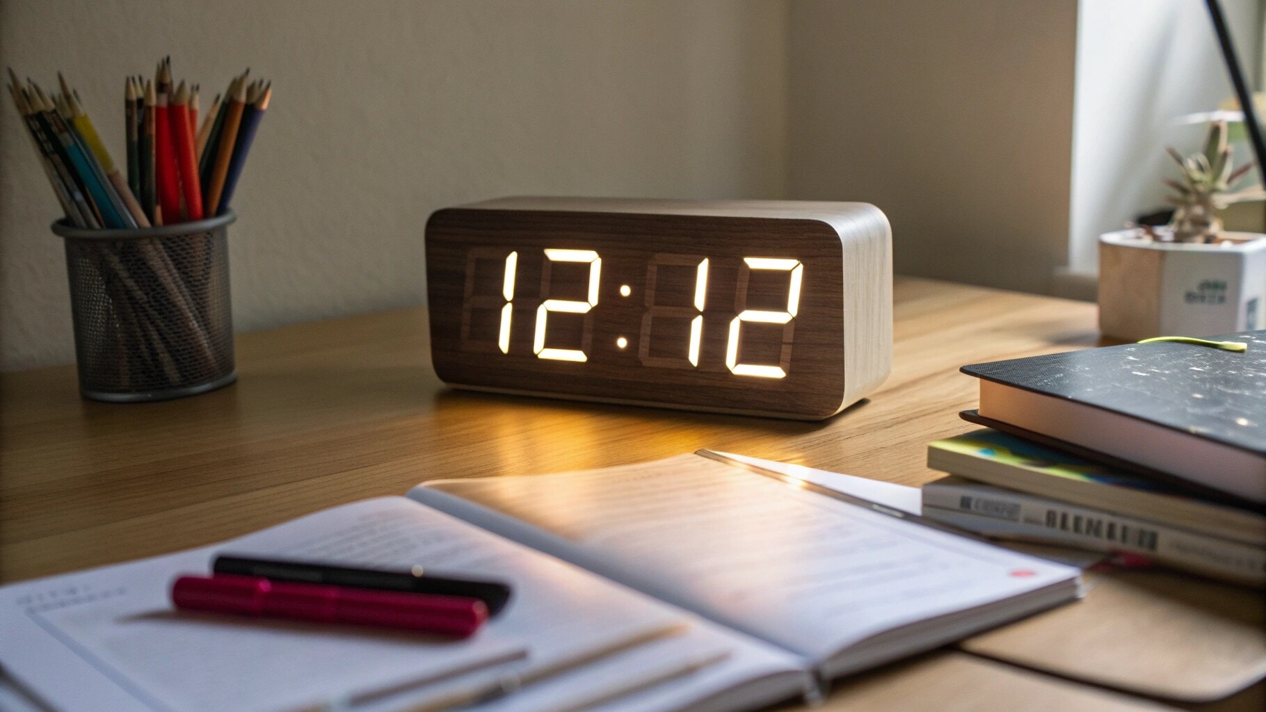  A digital clock showing 12:12 on a wooden desk, representing the 12:12 angel number.