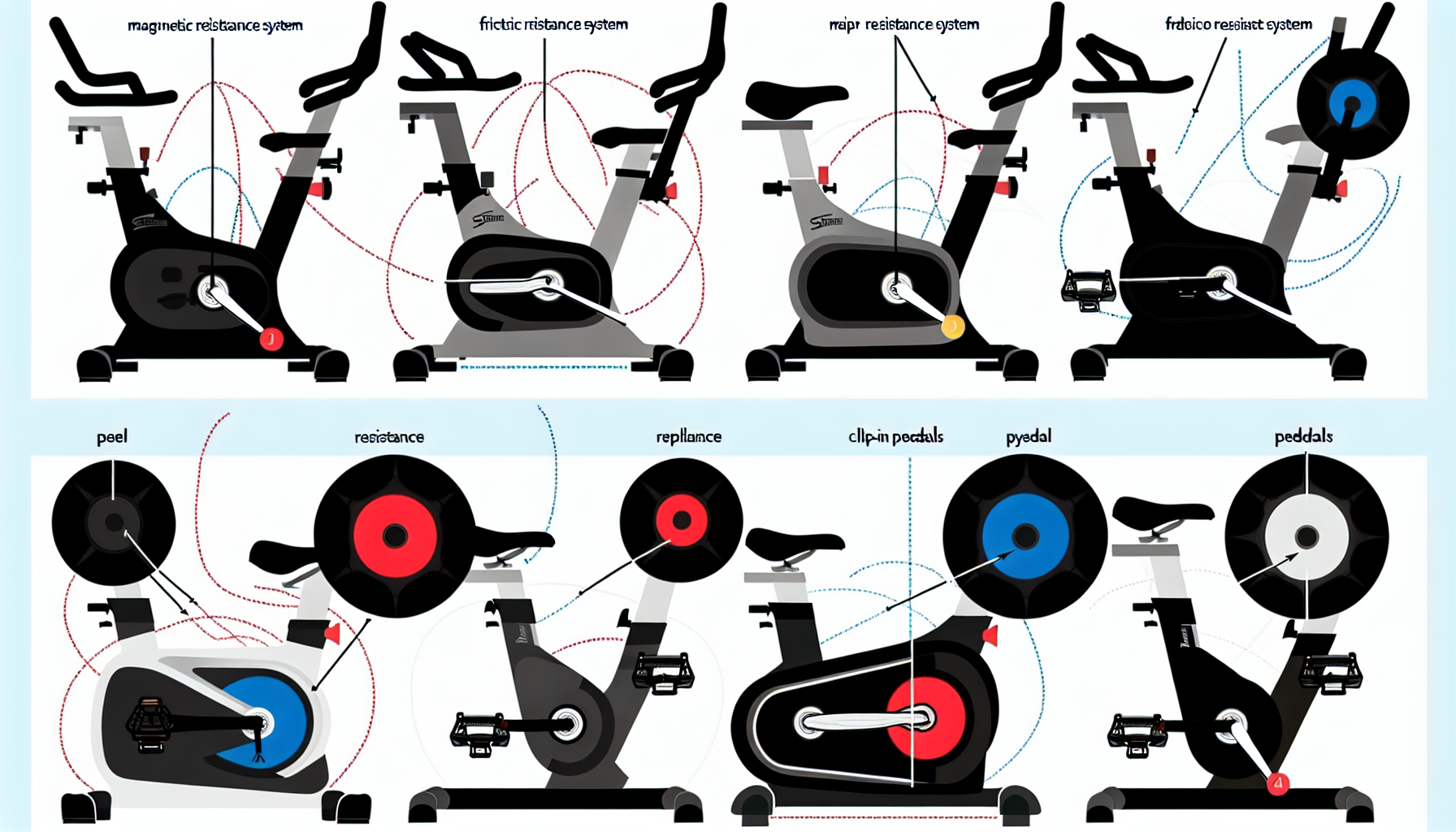 Comparison of resistance types and pedal options on different exercise bikes