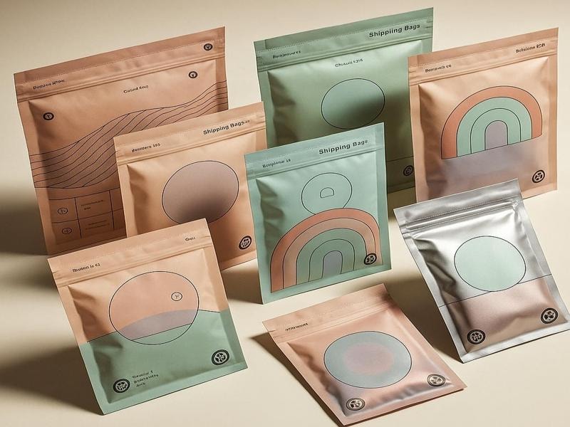 A picture of a group of shipping bags on a plain background. The bags are shiny and show soft colors like peach, light green, and purple. Each bag has a small logo in the middle.