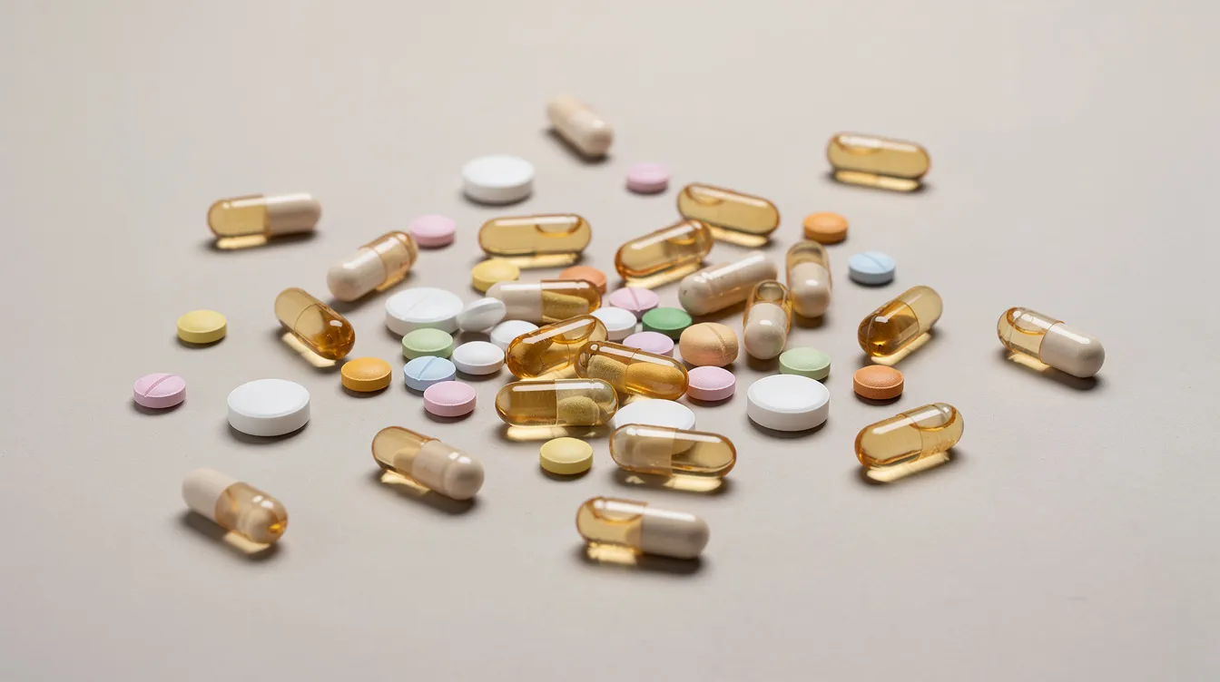 The image displays a variety of supplement capsules and pills scattered across a neutral background, highlighting the diverse forms of resveratrol supplements and other health-related products that may support cardiovascular health and offer potential benefits against diseases such as cancer and diabetes.