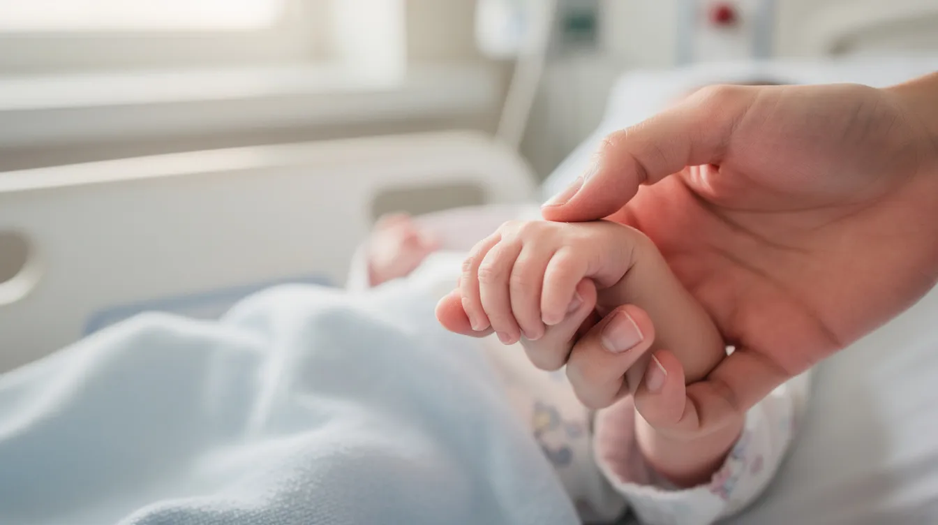 A parent gently holds their newborn baby's hand in a hospital setting, symbolizing the precious bond formed during medical care. This tender moment highlights the importance of a supportive healthcare provider in ensuring a safe and nurturing environment for both the baby and the family.