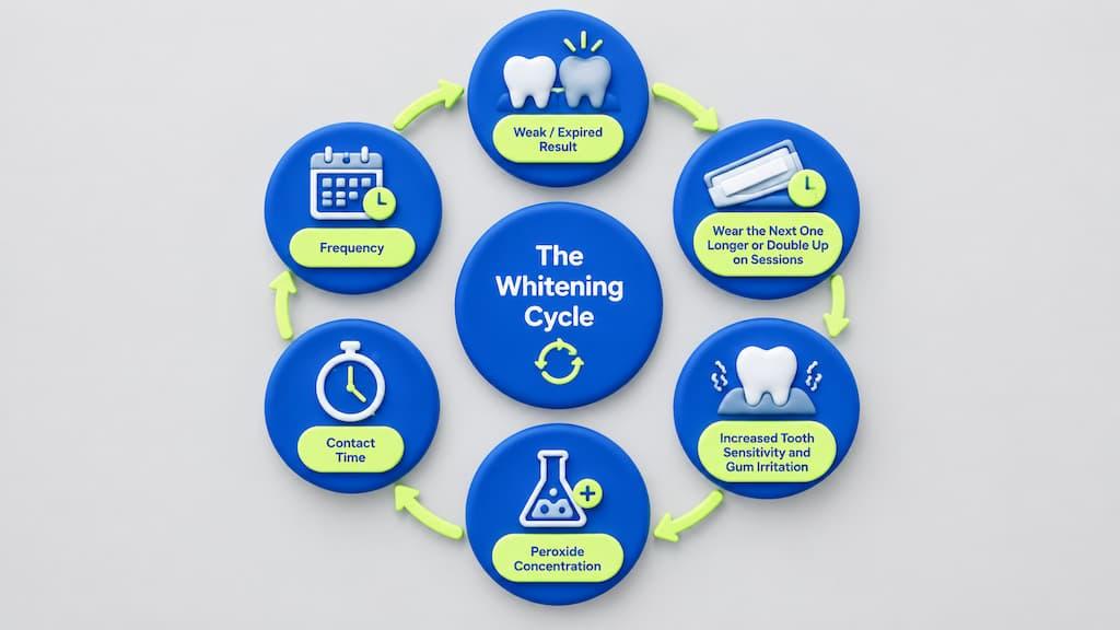 Circular diagram of the whitening overuse cycle: weak expired results lead to wearing strips longer or doubling sessions, which raises peroxide exposure through concentration, contact time, and frequency, increasing tooth sensitivity and gum irritation