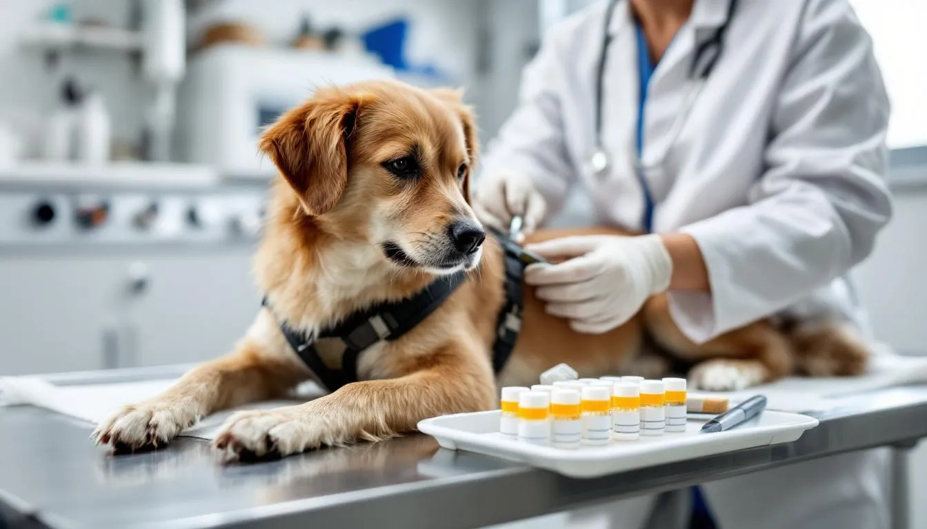 A veterinarian is seen carefully collecting skin and hair samples from a dog, which will be sent for laboratory testing to diagnose potential issues such as yeast infections in dogs. The dog