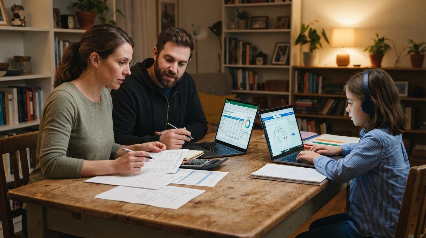 Professional photo of parents reviewing household education expenses while their child studies on a laptop nearby, conveying affordable digital learning solutions.