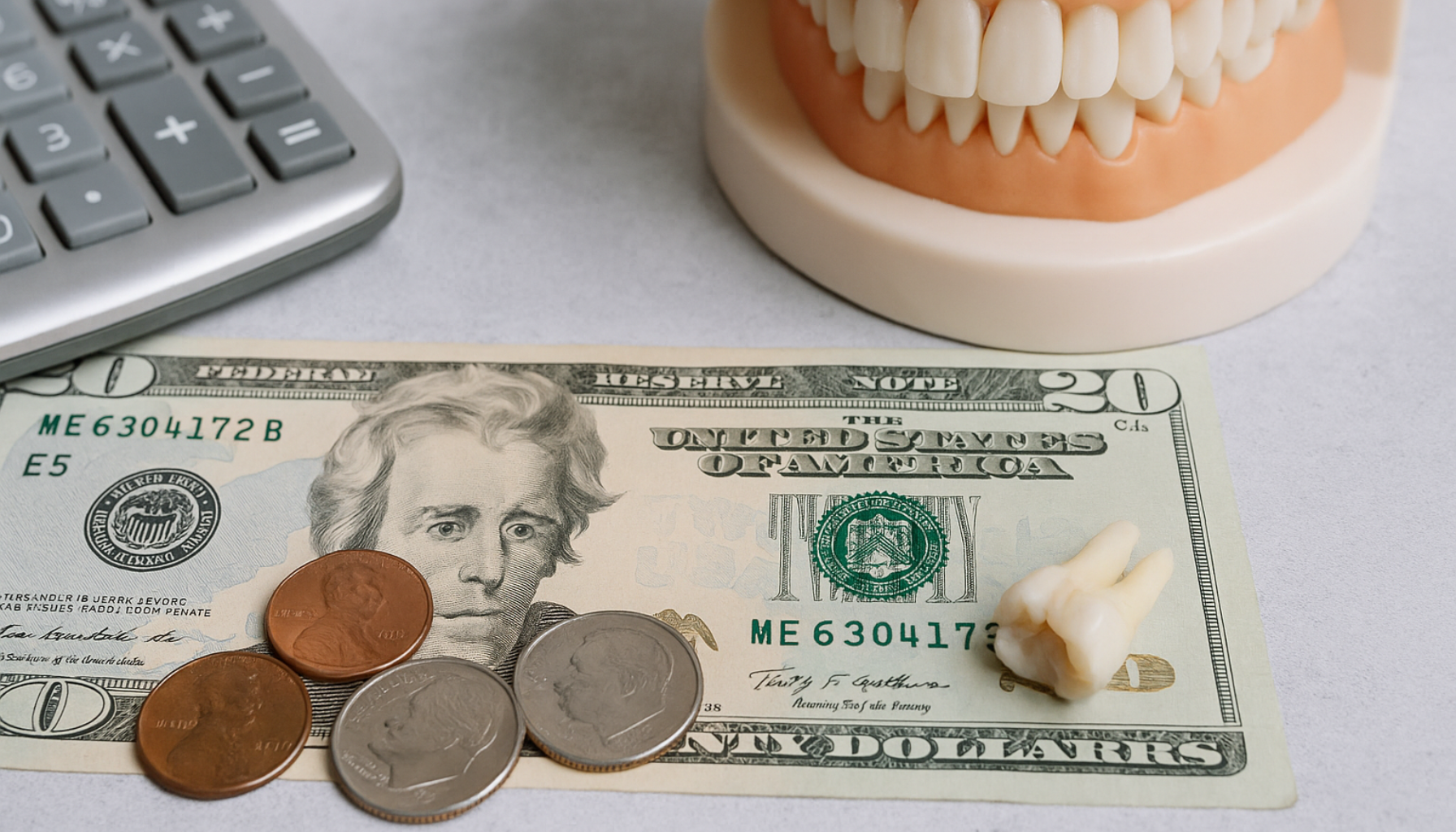 En visdomstann, mynter og en seddel ligger på et bord ved siden av kalkulator og tannmodell i et lyst miljø.