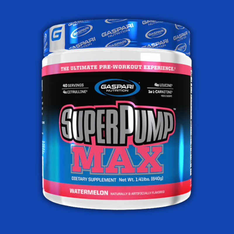 Image showing a close-up of Gaspari Nutrition's SuperPump Max pre-workout supplement.