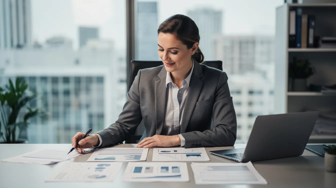A confident business owner is seated in a professional office, reviewing strategic documents related to succession planning and leadership development. The setting emphasizes the importance of preparing future leaders and ensuring leadership continuity within the company.