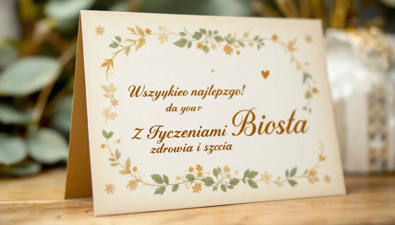 Elegancka kartka urodzinowa z tradycyjnymi życzeniami, na której znajdują się wzruszające słowa, pełne serdeczności i nadziei na spełnienie najskrytszych marzeń solenizanta. Kartka zachęca do radosnego świętowania dnia twojego święta oraz życzy wszystkiego najlepszego z okazji urodzin.