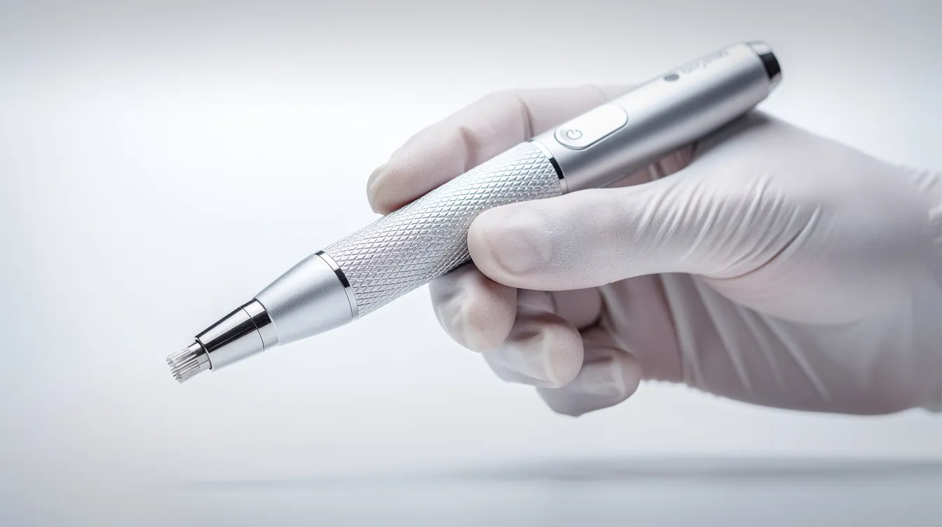 A close-up of a gloved hand holding a motorized microneedling pen device against a clean clinical background.