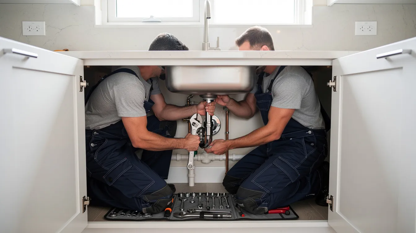 A professional plumber is crouched under a kitchen sink, diligently repairing pipes to resolve plumbing issues. The scene highlights the plumber's expertise in handling emergency plumbing services, ensuring reliable fixes for homeowners.