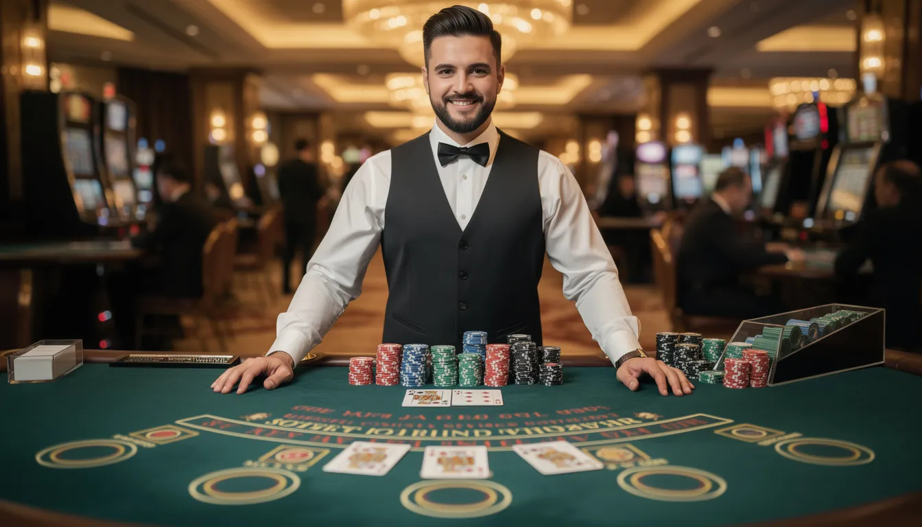 En professionell casinodealer står vid ett live blackjackbord, omgiven av kort och spelmarker. Atmosfären är spännande och inbjudande, vilket ger spelare en autentisk upplevelse av att spela hos Luna Casino.