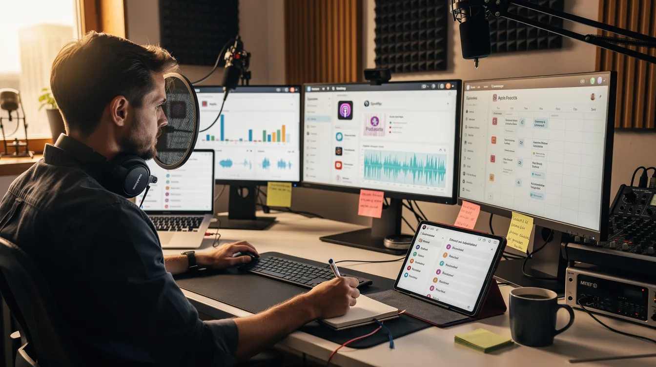 The image depicts a podcast producer efficiently managing the distribution workflow of multiple podcasts across various platforms, utilizing a podcast hosting service to ensure seamless delivery of episodes to popular podcast apps like Apple Podcasts and Spotify. The producer is focused on optimizing podcast distribution and analyzing detailed podcast analytics for a successful podcast strategy. The image depicts a podcast producer efficiently managing the distribution workflow of multiple podcasts across various platforms, utilizing a podcast hosting service to ensure seamless delivery of episodes to popular podcast apps like Apple Podcasts and Spotify. The producer is focused on optimizing podcast distribution and analyzing detailed podcast analytics for a successful podcast strategy.