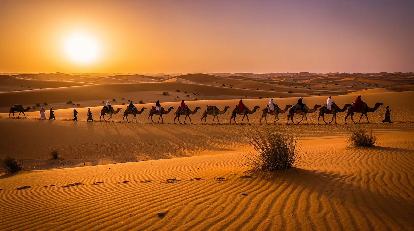 A camel caravan traverses the golden dunes of the Sahara desert at sunset, creating a picturesque scene that highlights the beauty of Morocco's landscape. This tranquil moment reflects the essence of tourism in the region, where local guides and excellent service contribute to a memorable experience for travelers.